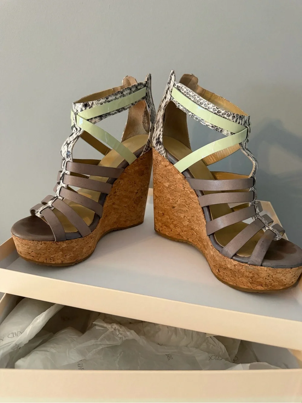 Jimmy Choo Pale Green and Gray Snake-Trim Cork Wedge Sandals